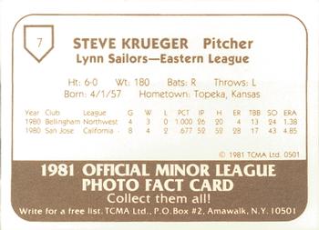 1981 TCMA Lynn Sailors #7 Steve Krueger Back