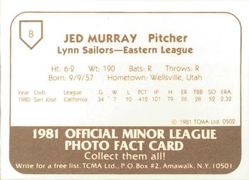 1981 TCMA Lynn Sailors #8 Jed Murray Back