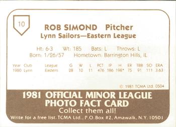 1981 TCMA Lynn Sailors #10 Rob Simond Back