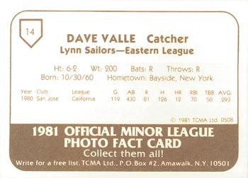 1981 TCMA Lynn Sailors #14 Dave Valle Back