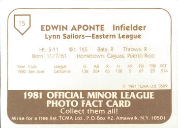1981 TCMA Lynn Sailors #15 Edwin Aponte Back