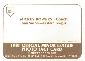 1981 TCMA Lynn Sailors #25 Mickey Bowers Back