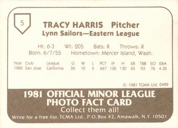 1981 TCMA Lynn Sailors #5 Tracy Harris Back