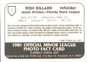 1981 TCMA Miami Orioles #1 Ron Dillard Back
