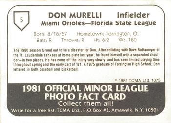 1981 TCMA Miami Orioles #5 Don Murelli Back