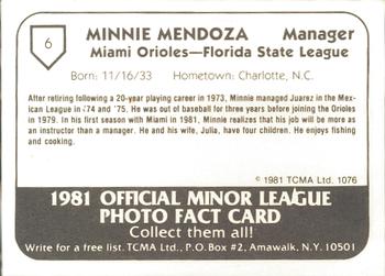 1981 TCMA Miami Orioles #6 Minnie Mendoza Back