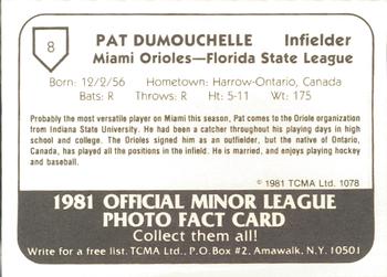 1981 TCMA Miami Orioles #8 Pat Dumouchelle Back