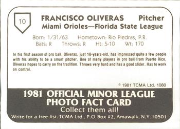 1981 TCMA Miami Orioles #10 Francisco Oliveras Back