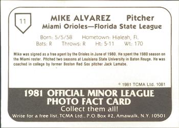 1981 TCMA Miami Orioles #11 Mike Alvarez Back