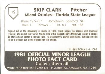1981 TCMA Miami Orioles #12 Skip Clark Back