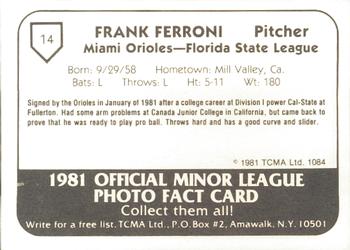 1981 TCMA Miami Orioles #14 Frank Ferroni Back