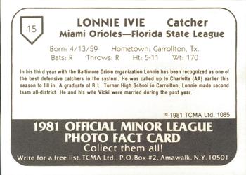 1981 TCMA Miami Orioles #15 Lonnie Ivie Back