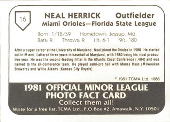 1981 TCMA Miami Orioles #16 Neal Herrick Back