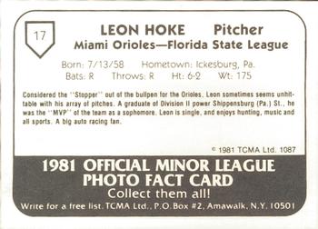 1981 TCMA Miami Orioles #17 Leon Hoke Back