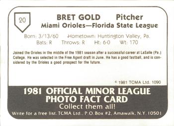 1981 TCMA Miami Orioles #20 Bret Gold Back