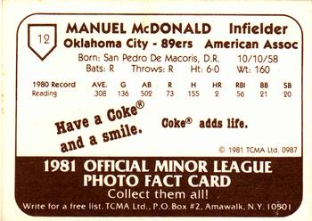 1981 TCMA Oklahoma City 89ers #12 Manny McDonald Back