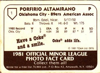 1981 TCMA Oklahoma City 89ers #1 Porfirio Altamirano Back