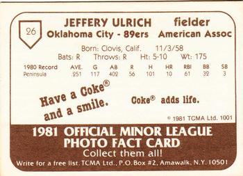 1981 TCMA Oklahoma City 89ers #26 Jeff Ulrich Back