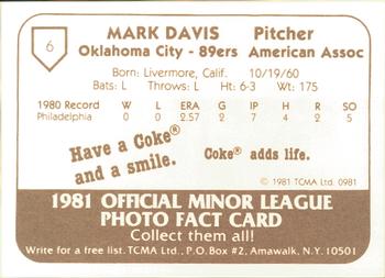 1981 TCMA Oklahoma City 89ers #6 Mark Davis Back