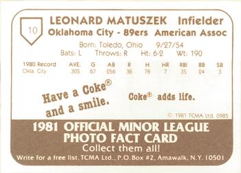 1981 TCMA Oklahoma City 89ers #10 Lenny Matuszek Back
