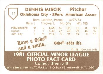 1981 TCMA Oklahoma City 89ers #11 Dennis Miscik Back