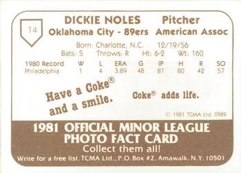 1981 TCMA Oklahoma City 89ers #14 Dickie Noles Back