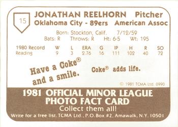 1981 TCMA Oklahoma City 89ers #15 Jon Reelhorn Back