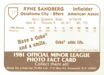 1981 TCMA Oklahoma City 89ers #17 Ryne Sandberg Back