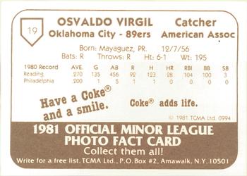 1981 TCMA Oklahoma City 89ers #19 Osvaldo Virgil Back