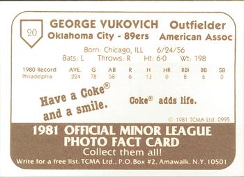 1981 TCMA Oklahoma City 89ers #20 George Vukovich Back