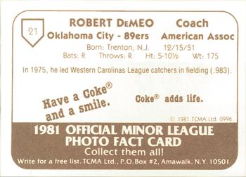 1981 TCMA Oklahoma City 89ers #21 Bob DeMeo Back