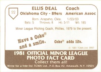 1981 TCMA Oklahoma City 89ers #22 Ellis Deal Back