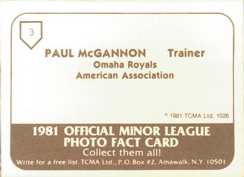 1981 TCMA Omaha Royals #3 Paul McGannon Back