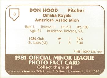 1981 TCMA Omaha Royals #8 Don Hood Back