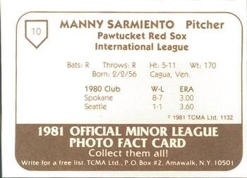 1981 TCMA Pawtucket Red Sox #10 Manny Sarmiento Back