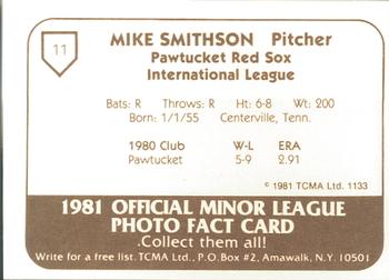 1981 TCMA Pawtucket Red Sox #11 Mike Smithson Back