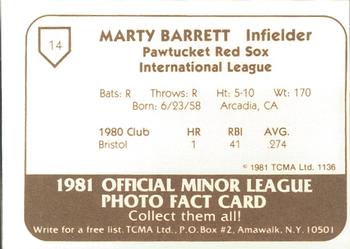 1981 TCMA Pawtucket Red Sox #14 Marty Barrett Back