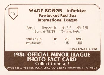 1981 TCMA Pawtucket Red Sox #15 Wade Boggs Back