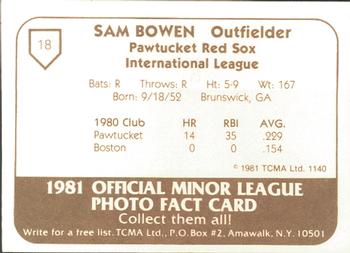 1981 TCMA Pawtucket Red Sox #18 Sam Bowen Back