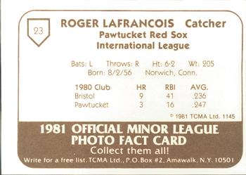1981 TCMA Pawtucket Red Sox #23 Roger LaFrancois Back