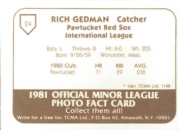 1981 TCMA Pawtucket Red Sox #24 Rich Gedman Back