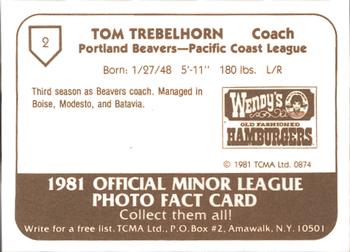 1981 TCMA Portland Beavers #2 Tom Trebelhorn Back