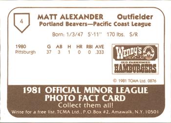 1981 TCMA Portland Beavers #4 Matt Alexander Back