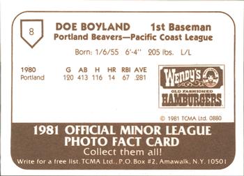 1981 TCMA Portland Beavers #8 Doe Boyland Back