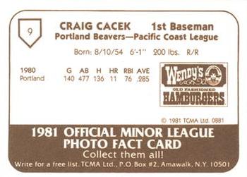 1981 TCMA Portland Beavers #9 Craig Cacek Back