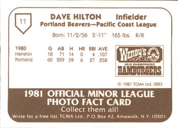 1981 TCMA Portland Beavers #11 Dave Hilton Back