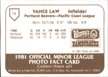 1981 TCMA Portland Beavers #14 Vance Law Back