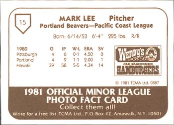 1981 TCMA Portland Beavers #15 Mark Lee Back
