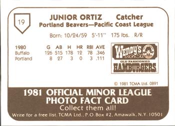 1981 TCMA Portland Beavers #19 Junior Ortiz Back