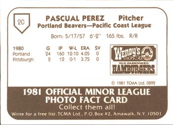 1981 TCMA Portland Beavers #20 Pascual Perez Back
